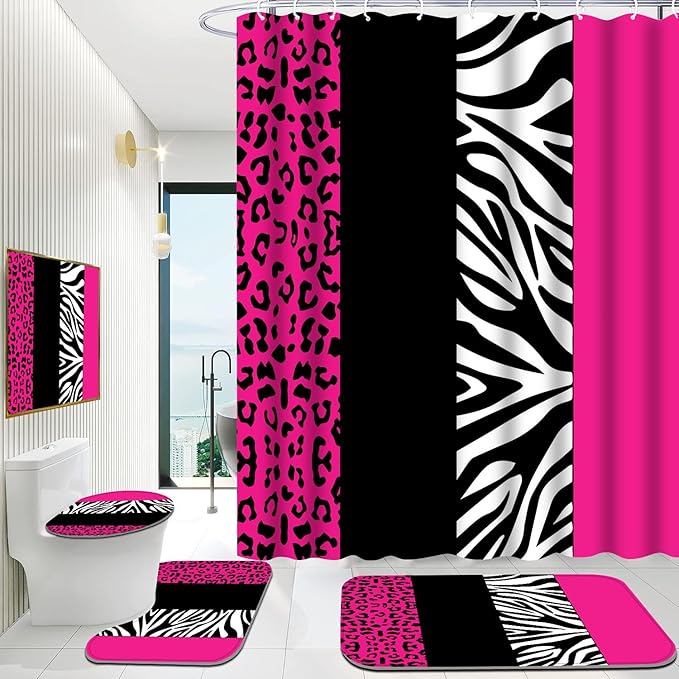 Onalasyc 4Pcs Rosy Leopard Shower Curtain with Rugs Set Waterproof Cheetah Print Bathroom Sets with Shower Curtain and Rugs Rosy Leopard Animal Print Bathroom Curtains Shower Set with 12 pcs Hooks