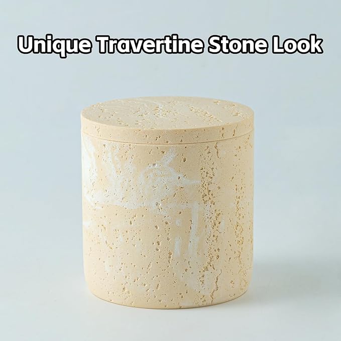 Bathroom Accessories Set, Travertine Stone-Look, 6 PCS Bathroom Accessory Set with Soap Dispenser, Toothbrush Holder, Tumbler, Vanity Tray, Cotton Swab Jars for Countertop (Yellow)