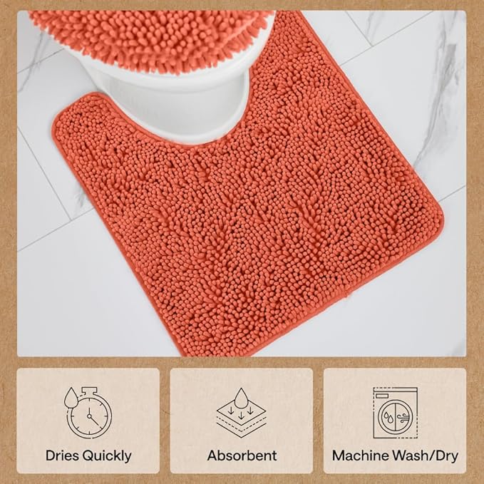 GORILLA GRIP Plush Absorbent Shaggy Chenille Bath Rug Mat for Oval Toilet Base with Rubber Backing, Machine Washable Rugs, Soft Microfiber Contour Mats for Toilets, Bathroom Decor, Coral
