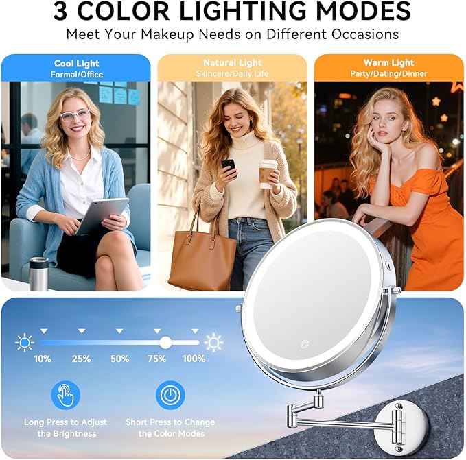 9'' 30X/1X Wall Mounted Lighted Makeup Mirror, 5000mAh Rechargeable Double-Sided Magnifying Mirror with Light, Bathroom Mirror Touch Dimmable 3 Colors 360° Rotation Extended Arm, Power Adapter