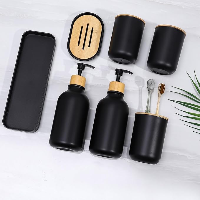 Matte Black Bathroom Accessories Set 7 Pcs,Bamboo Bathroom Accessories Sets,Black Soap Dispenser and Toothbrush Holder Set,Qtip Holder,Vanity Tray,Soap Dish,Modern Bathroom Decor