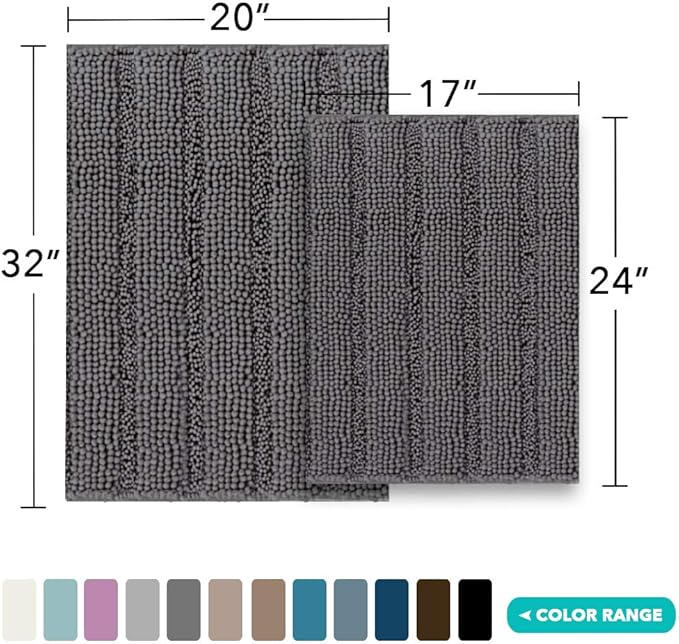 Turquoize Chenille Bathroom Rugs Set Non-Slip Bath Mats for Bathroom Extra Soft and Absorbent Shaggy Bath Mats for Bath Room Floor Indoor Mat for Kitchen/Entryway (20" x 32" and 17" x 24"), Gray