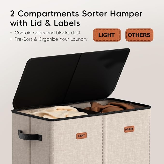 150L Double Laundry Hamper With Lid, Large Clothes Hampers with Removable Bag, Laundry Hamper 2 Section for Bathroom, Bedroom, Laundry Room, Dorm, Beige
