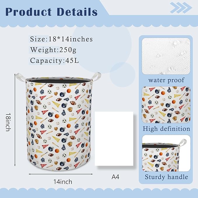 Sports Boys Laundry Basket Hamper, Sports Nursery Decor, Different Kinds Balls Foldable Clothes Toys Books Storage Box Bins Baskets Organizer for Kids Boys Room Bedroom Playroom