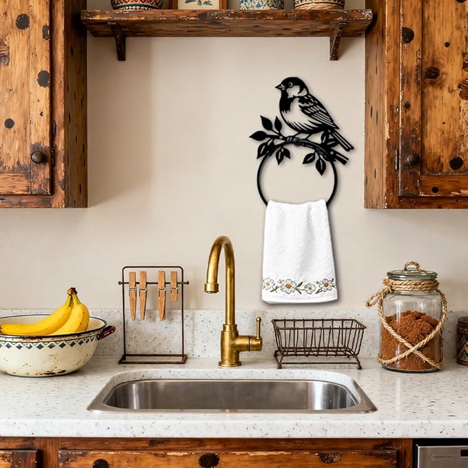 MAYJOYDIY Bird Metal Towel Ring Round Branch Bird Hand Towel Holder Ring Hanger Black Vintage Towels Wall Organizer for Kitchen Bath Home Laundry Room Decors Gifts