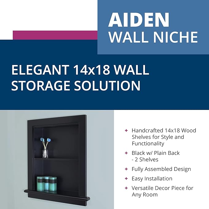 Fox Hollow Furnishings 14x18 Aiden Recessed Wall Niche Medicine Cabinet Replacement, in The Wall Bathroom Cabinet Insert Shelf/Shelves, Made in North America, Real Wood, NO MDF, Plain, Black