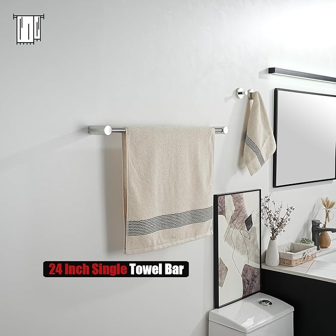 JQK Towel Bar Chrome, 26.5 Inch 304 Stainless Steel Thicken 0.8mm 2 Pieces Towel Rack Bathroom Wall Mount, Useable Length 24 Inch, TB610L24-CH
