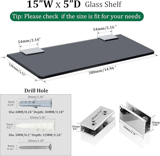 SAYAYO Floating Glass Shelves for Bathroom, Tempered Glass Shelf for Wall 15 x 5 Inch 1 Pcs, Black