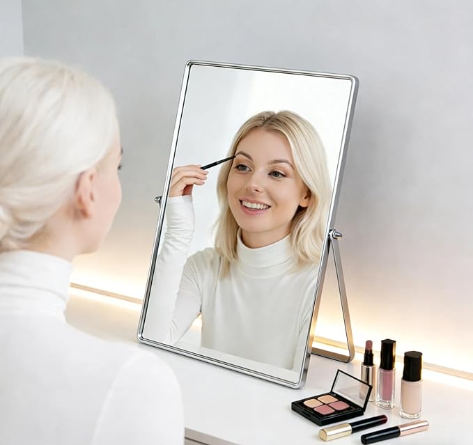 Feyarl Desktop Makeup Vanity Mirror Vertical Tabletop Mirror 90° Rotation Decorative Standing Cosmetic Mirror for Bedroom Bathroom Desk Dresser (Silver)