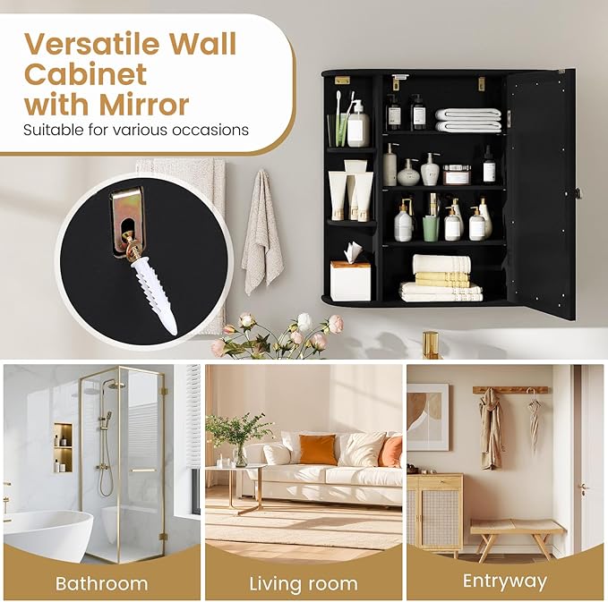 COSTWAY Medicine Cabinet with Mirror, Wall Mounted Bathroom Storage Cabinet with Mirror Door and Adjustable Shelves, Space-Saving Storage Organizer for Living Room Kitchen Entryway (Black)