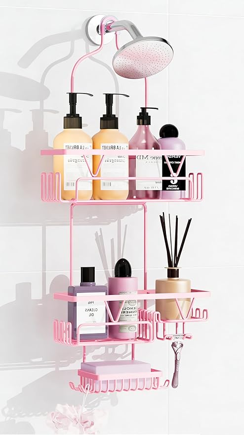 DAOYA Hanging Shower Caddy Over Shower Head, Anti-Swing Shower Organizer For Inside Shower With 2 Soap Holders, Multi Hooks, Rustproof Bathroom Accessories, Pink