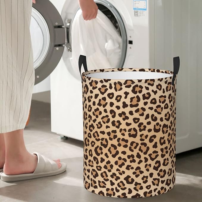 Leopard Print Round Laundry Hamper Animal Skin Texture Storage Basket Toys Clothes Organizer Bin For Home Bathroom Bedroom Dorm Nursery, 62l