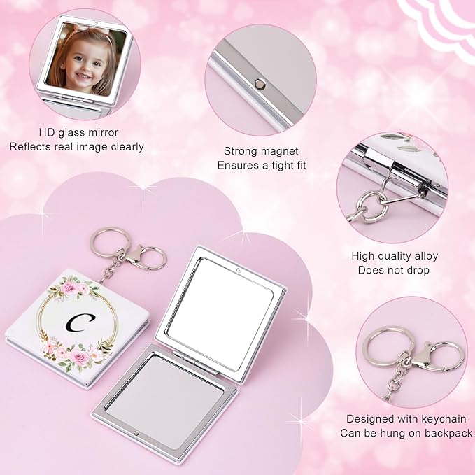 BAOSIWA Teen Girl Gifts Trendy Stuff, Cute Initial Compact Mirror Small Pocket Makeup Mirror with Keychain Travel Essentials for Gilrs (C)