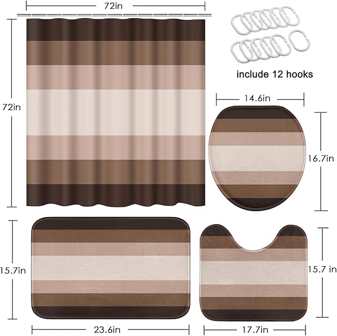Brown Beige Shower Curtain Set with Toilet Lid Cover and Non-Slip Rugs for Bathroom, Modern Striped Lines Ombre 4 Pcs Shower Curtain, Simple Abstract Bathroom Set with 12 Hooks