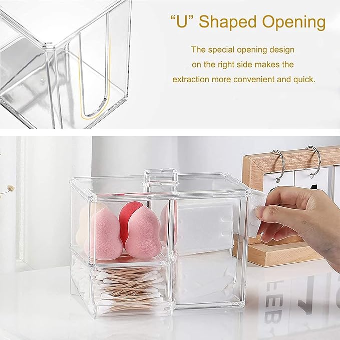 Cotton Buds Organizer - 3-Grid Q-tip Dispenser, Acrylic Crystal Clear Storage Box with Lid, Cosmetic Canister Case