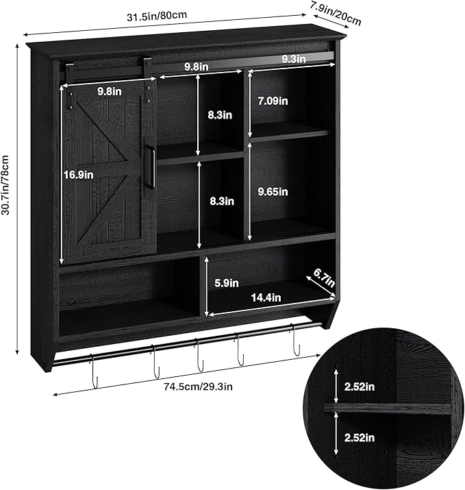 RUSTOWN Farmhouse Bathroom Wall Cabinet,3-Tier Rustic Wood Wall Mounted Cabinets,Vintage Medicine Cabinet with Sliding Barn Door and Adjustable Shelves,Over The Toilet Storage Cabinet (Black)