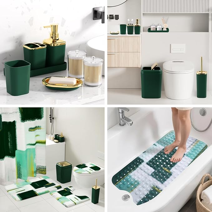 XLHOMO Bathroom Accessories Set - 26PCS Dark Green Bathroom Set, Bathroom Accessory Set with Shower Curtain and Rugs and Bathtub Mats for Home