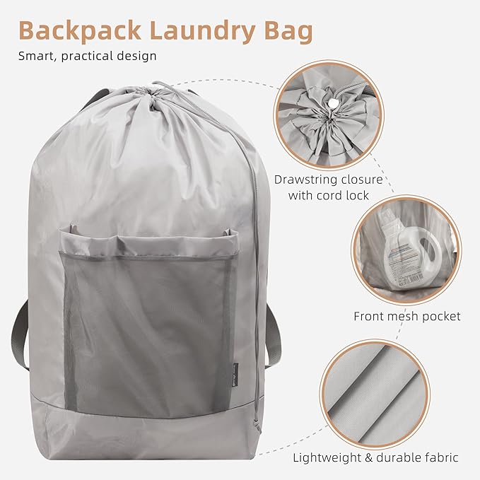 STORAGE MANIAC 2-in-1 Laundry Hamper with Laundry Backpack Bag, 90L Metal Frame Laundry Basket, Dirty Clothes Bag with Shoulder Straps and Mesh Pocket for College, Travel, Laundromat, Apartment, Gray