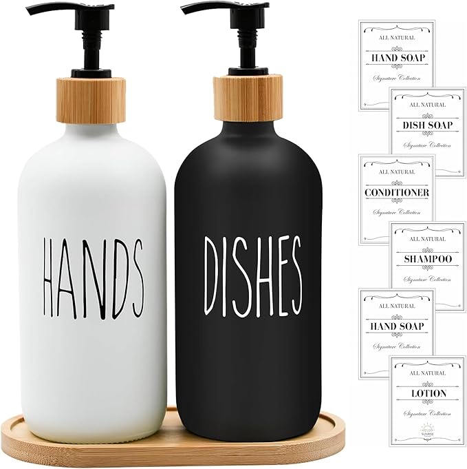 Sunrise Premium 16 OZ Thick White & Black Glass Soap Dispenser, Bamboo Pump with Tray 2 Pack, Hand and Dish Soap Dispenser Set for Bathroom with 6 Waterproof Labels