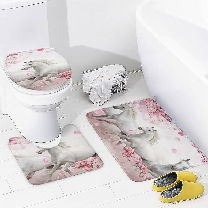 Beautiful White Horse 4 Pcs Waterproof Shower Curtain Set,Realistic Modern Farm Animal Horse Cherry Blossoms with Waterproof Toilet Cover Shower Mat Rugs