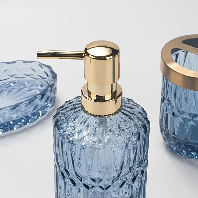 IVAILEX 5PCS Blue Glass Bathroom Accessories Sets of Lotion Dispenser, Soap Dish, Toothbrush Holder, Tumbler, Cotton Swab Jars, Modern Bath Decor, Vintage Gift