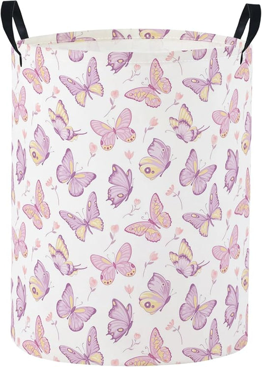 Baby Laundry Basket Baby Nursery Hamper Kids Laundry Basket Toy Storage Bin for Boys Room Decor Gift Baskets for Bedroom Bathroom(Purple Butterfly)
