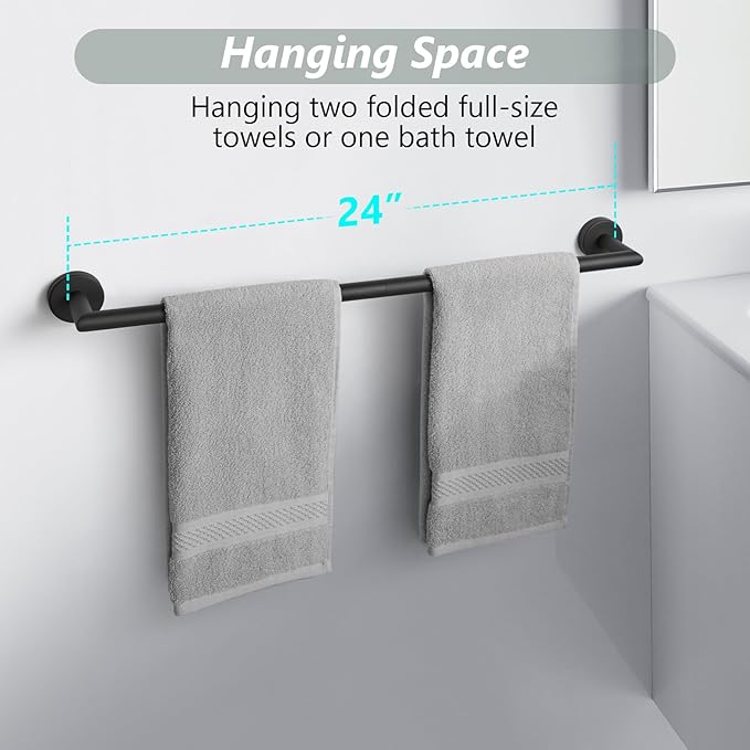 JunSun Matte Black Bath Towel Bar 24 Inch Bathroom Towel Rack Hand Towel Holder Modern Home Decor Towel Rod Bathroom Hardware Black Towel Hanger Towel Rail Towel Shelf Single Towel Bars Wall Mounted