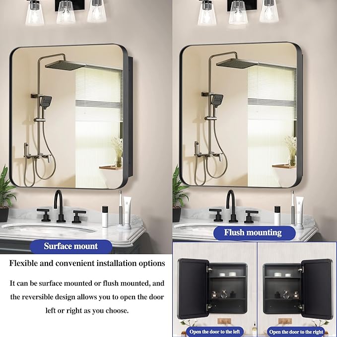 Bathroom Medicine Cabinet,28"x28" Square Mirror Door with Stainless Steel Frame,Recessed & Surface Wall Cabinet with Glass Shelves, Rust-Resistant Bathroom Storage Cabinet