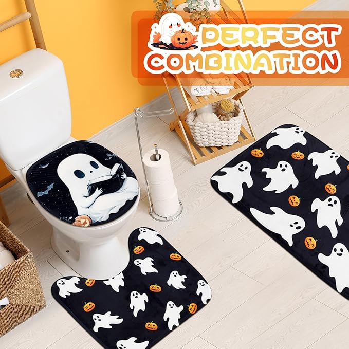Remagr 4 Pcs Halloween Shower Curtain Set for Bathroom Ghost Pumpkin Halloween Bathroom Curtain Include Ghost Shower Curtains Non Slip Rug Toilet Lid Cover U Shaped Bath Mat and 12 Hooks for Home