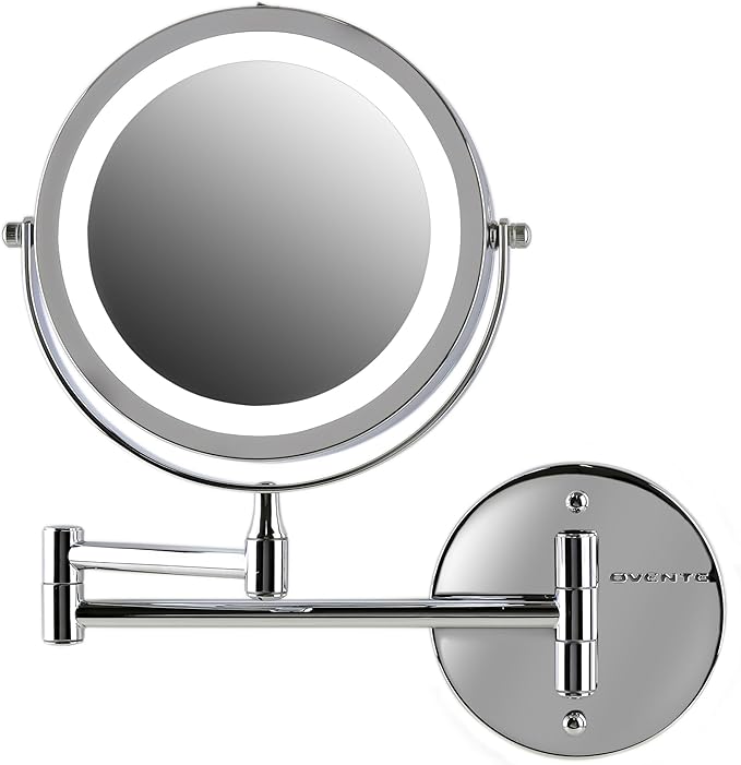 OVENTE Wall Mounted Lighted Makeup Mirror, 7" Double Sided 1X/7X Magnifying Vanity Mirror for Bathroom with LED Lights, Cordless, 360° Rotation and 13" Extendable Arm, Polished Chrome MFW70CH1X7X