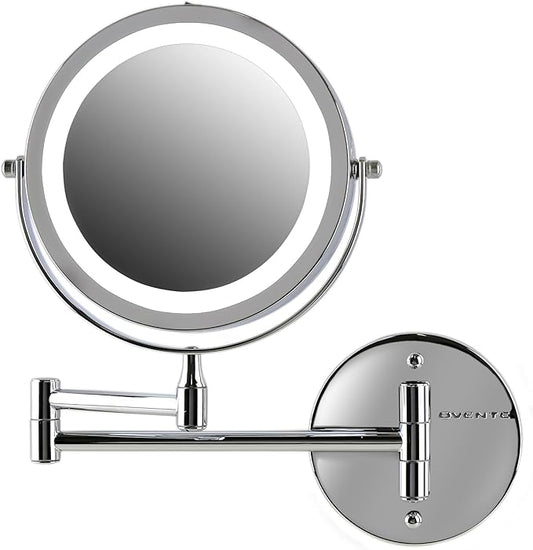 OVENTE Wall Mounted Lighted Makeup Mirror, 7" Double Sided 1X/7X Magnifying Vanity Mirror for Bathroom with LED Lights, Cordless, 360° Rotation and 13" Extendable Arm, Polished Chrome MFW70CH1X7X