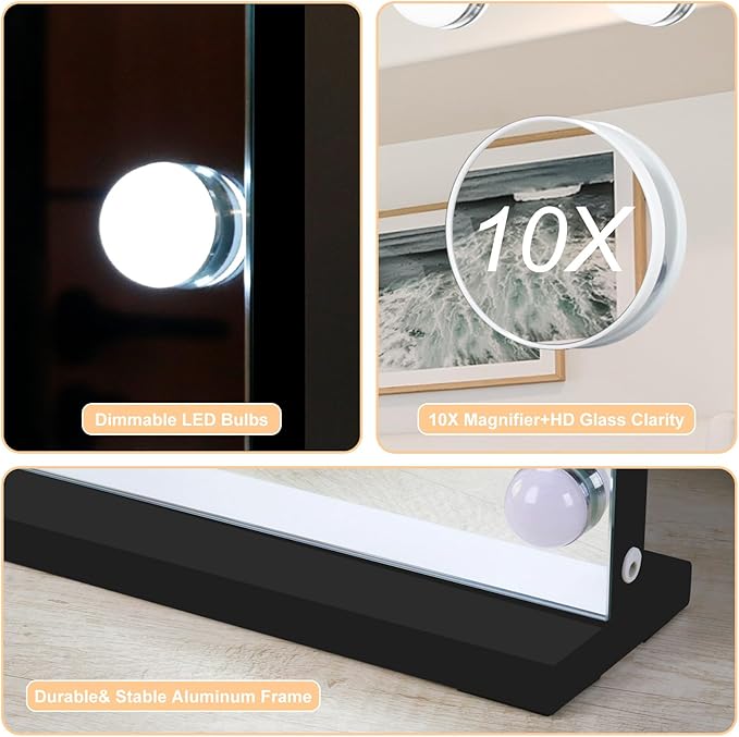 Moonee Black Vanity Mirror with Lights, Hollywood Lighted Makeup Mirror with 18 Dimmable Bulbs and 10X Magnification, 3 Colors Modes, Aluminum Metal Frame, Light Up Mirror for Tabletop/Wall（32" x 24"）