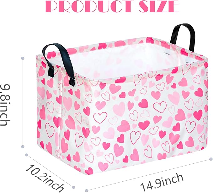 MAIZMZ Girls Gift Basket Heart Print Storage Cube for Women, Closet Shelf Organizer Bins Empty Gift Basket with Handles Nursery hamper Kids Toys Books Box Room Deco