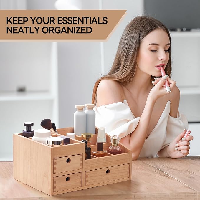 KIRIGEN Wood Makeup Organizer Storage Cabinet Tabletop Cosmetic Organizer Jewelry Storage Box 8 Compartment Makeup Display Case with 3 Drawers Natural(HZG-NA)