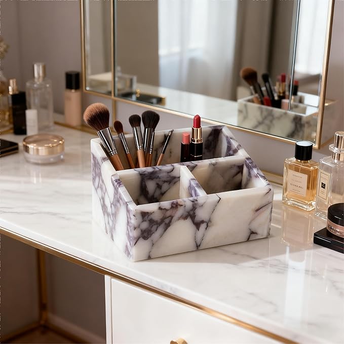 Marble Desk Organizer with 3 Compartments, White and Purple Pattern, Modern Design (White)