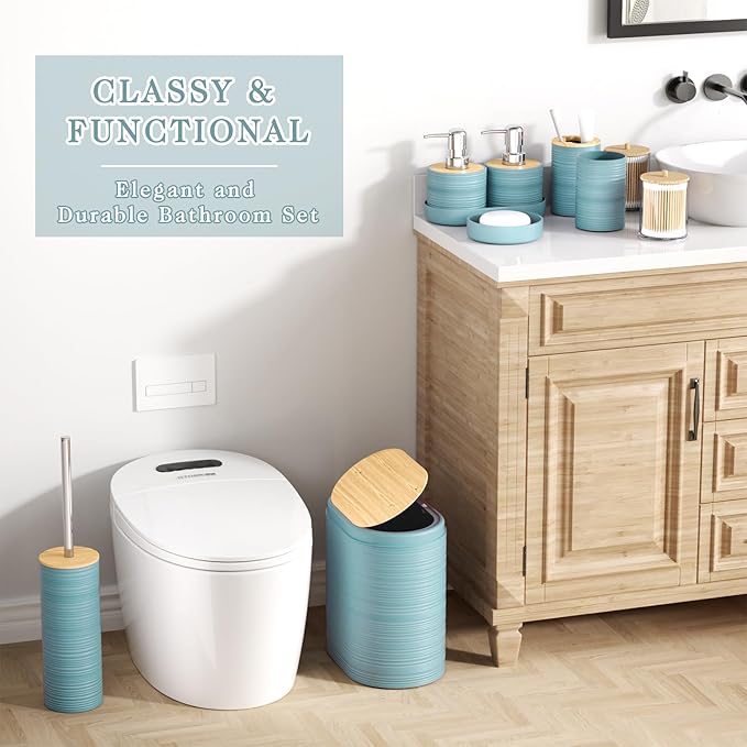 XLHOMO Light Blue Bathroom Set - 10PC Bathroom Accessories Set, Luxury Bathroom Accessory Set with Trash Can,Toilet Brush & 2 PC Soap Dispensers for Apartment Decor and Housewarming
