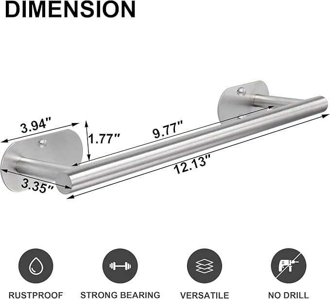 TocTen Self Adhesive Bathroom Towel Bar, Stick Towel Rack for Bathroom, Rustproof Stainless Steel Bath Towel Holder No Damage, Easy to Install Sticky Towel Rod for Bathroom (Brushed Nickel, 12 Inch)