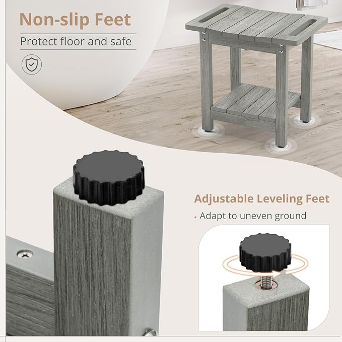 LUE BONA HDPS Shower Benches for Inside Shower, Gray Shower Stool for Shaving Legs with Shelf, Waterproof Shower Chair Seat for Spa Bathroom, Weather Resistant/Non-Slip/Handles/Indoor or Outdoor Use