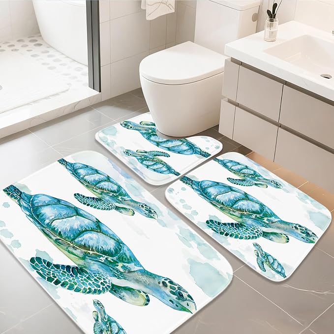 Beach Nautical Sea Turtle Bathroom Sets with Ocean Family Coral Shower Curtain and 20 x 31 Rugs Bathroom Accessories Sets Decor with Bath Rug, Bath Mat, U-Shaped Contour and Hooks 72 x 72 Inch Blue