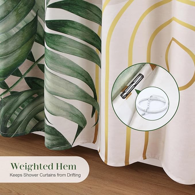 Green Tropical Leaf Shower Curtain, Sage Beige Gold Abstract Boho Mid Century Modern Shower Curtain, Waterproof Decorative Watercolor Monstera Palm Tree Plant Botanical Bathroom Curtains, 72"W x 78"H