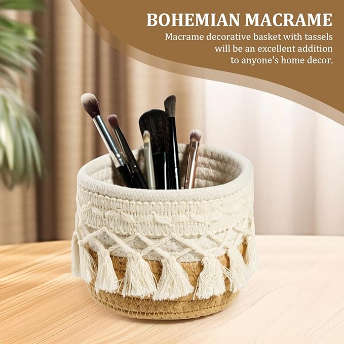 HEAVYWOOD Macrame Makeup Brush Holder Organizer 4.7''x3.9'' Mini Makeup Containers Boho Small Round Storage Basket Tassels Fringe Decorative Pencil Holder Set of 2 (4.7''x3.9'', Khaki)
