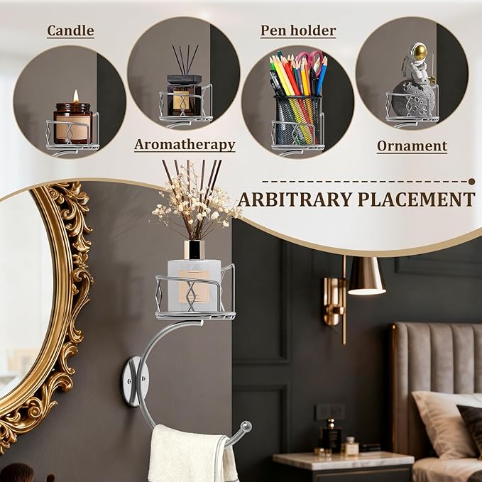 Simple Silver Hand Towel Holder for Bathroom Wall, Metal Sturdy Wall-Mounted Towel Hook with Candle Holder for Vase and Bottled, Hand Towel Racks/Hanger for Bathroom Decor and Kitchen