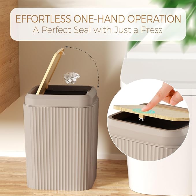 Bathroom Accessories Set - Unbreakable Beige Bathroom Set, Trash Can, Toilet Brush with Holder, Soap Dispenser, Toothbrush and Toothpaste Holder, Tumbler Cup, Soap Dish, Qtip Holder, Bamboo Decor