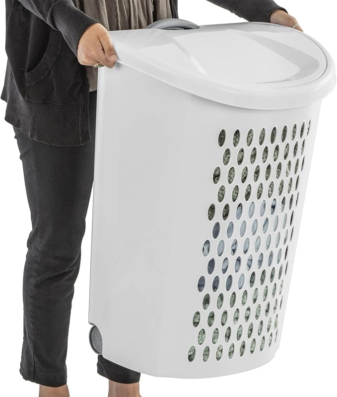Wheeled Hamper, Plastic Laundry Hamper with Handle for Easy Transport, White