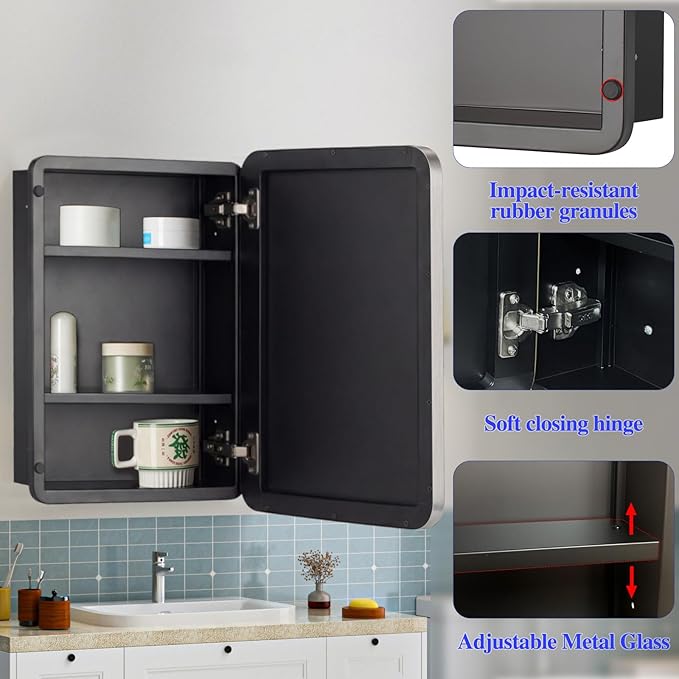 16" x 26" Bathroom Medicine Cabinet with Mirror Door, Brushed Nickel Stainless Steel Frame, Recessed or Surface Mounted,Storage Cabinet with Adjustable Metal Shelves,Upgraded Version