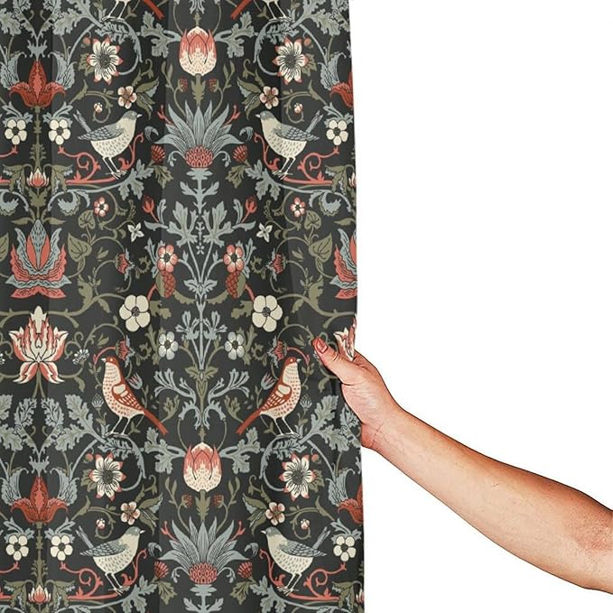Boho Shower Curtain William Morris Art Print Retro Bird Plant Natural Flower Pattern Print Shower Curtains 72""×84"" Inch, Style-2