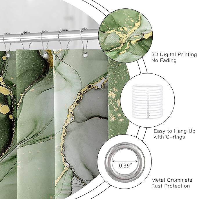 4PCS Olive Green Marble Bathroom Sets with Shower Curtain and Rugs, Abstract Shower Curtain Sets with Rugs, Gold Bathroom Curtains Shower Set with Toilet Lid Cover Accessories