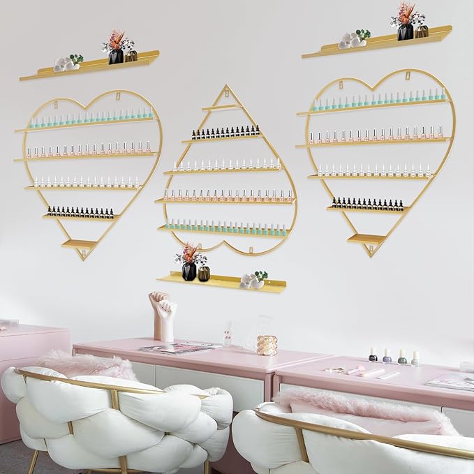 Nail Polish Display Racks 6pcs Metal Solid Color 5 Tiers Nail Polish Shelf Elegant Wall-Mounted Heart-Shaped Perfume Wall Shelf for Lipstick Perfume Nail Polish Essential (Gold)