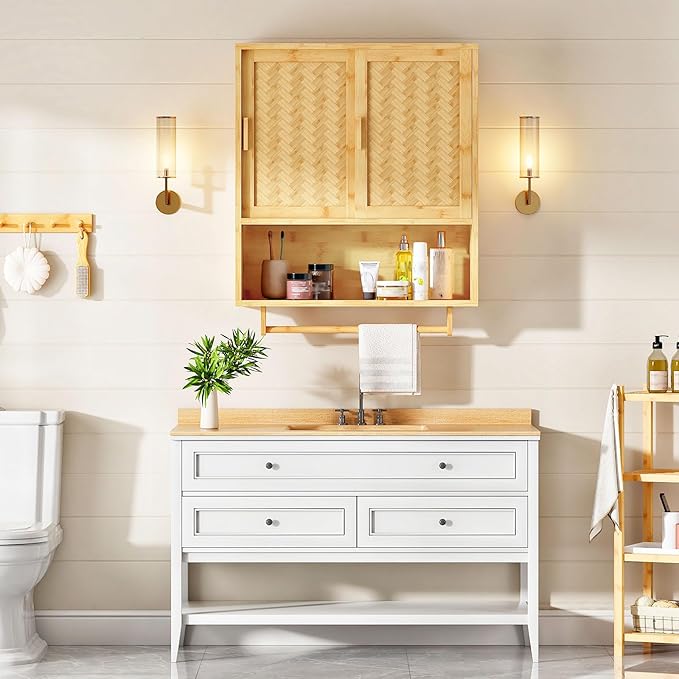 HOOBRO Bathroom Cabinet Wall Mounted, Bamboo Over Toilet Cabinet, Medicine Cabinet with Towels Bar & Adjustable Shelves, 23.6 x 7.9 x 28.5 Inches, for Bathroom, Laundry, Kitchen, Natural YL63CW01