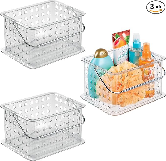 iDesign Small Clear Shower Caddy with Handle, Portable Shower Organizer for Dorm or Bathroom, 3-Pack